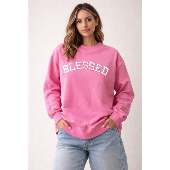 Varsity Tops - Women’s Pink Blessed Sweatshirt Varsity Patch Graphic Pullover Oversize Size M